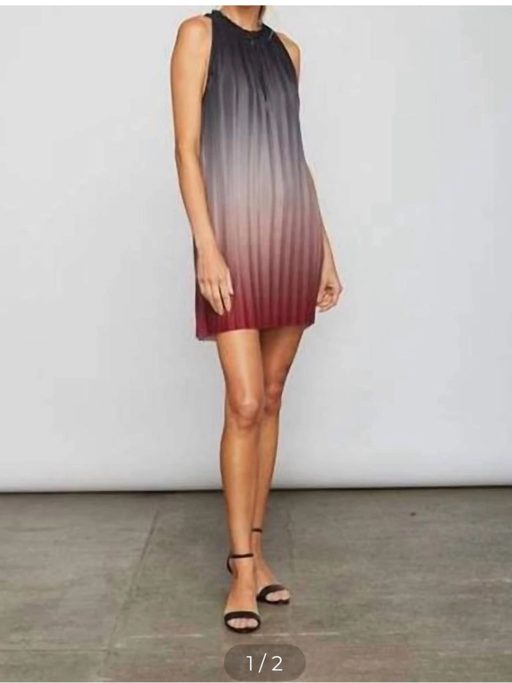 sundays Pleated V-Neck Shift Dress in Black and Gray and Red Ombre